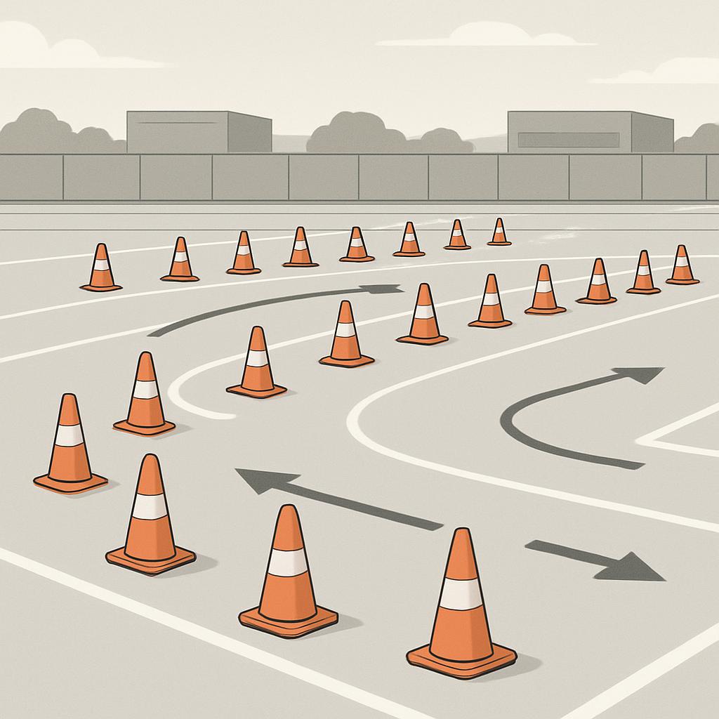 Segnaposti disposte parallelamente su un apparente parcheggio, con tonalità neutre