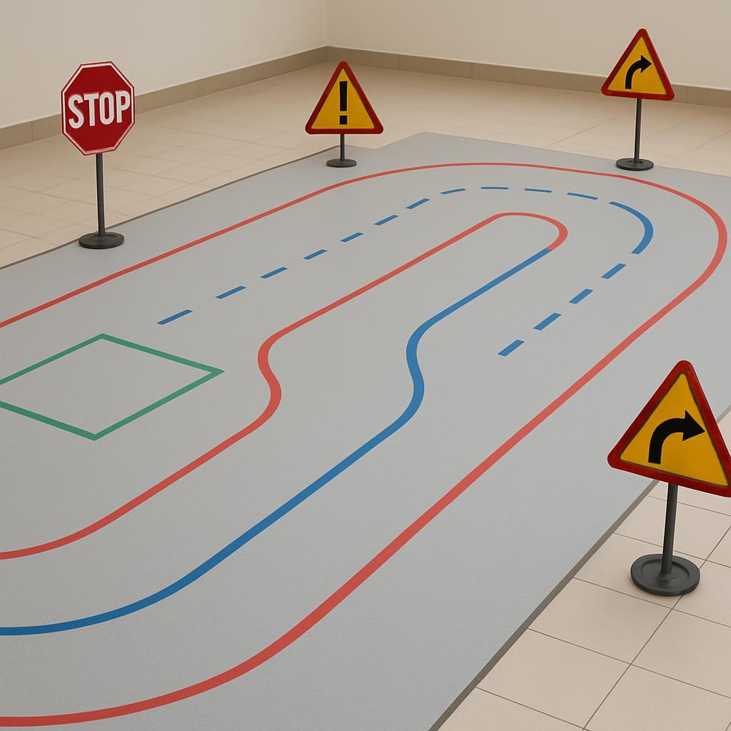 Here is the alt text for the image: Una pista di guida completamente realistica con strade circolari e segnali stradali.